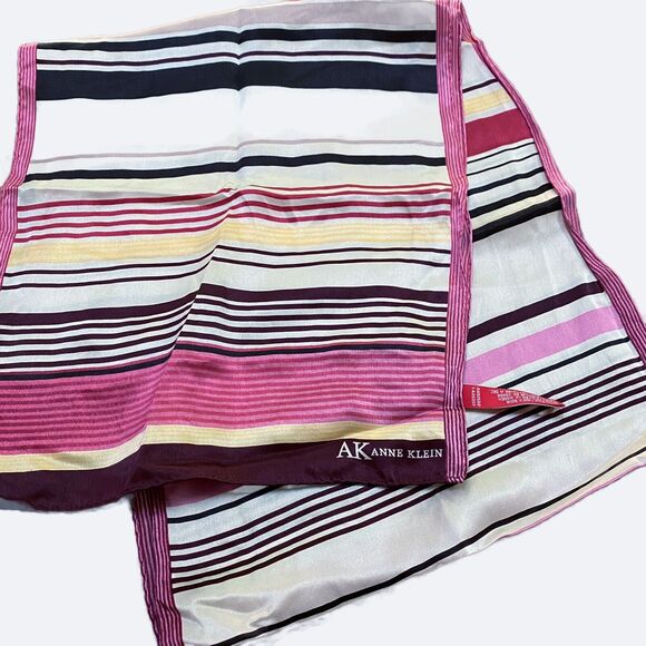 Vintage ANNE KLEIN 100% Silk Scarf Pinks Cream Nude Stripe Rectangle Elegant Y2K - Picture 7 of 9